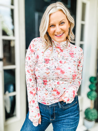 Out To Lunch Floral Mock Neck Sheer Long Sleeve Blouse