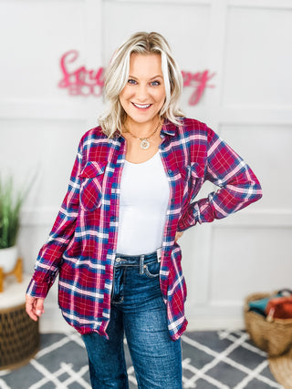 Make a Move Cabernet Plaid Button Down Long Sleeve Top