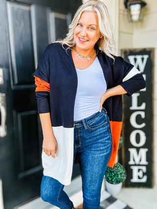 Writer's Block Color Block Open Front Cardigan