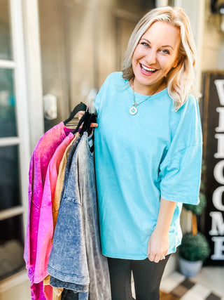 Don't Mind Me Mineral Wash Drop Shoulder Tee in Turquoise