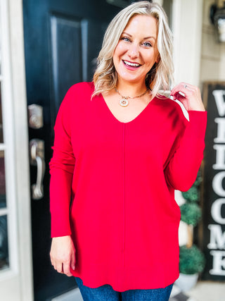 V-Neck Front Seam Sweater in Heather Red