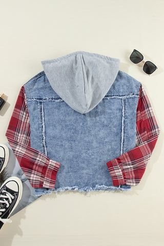 Fresh Start Raw Hem Drawstring Plaid Denim Jacket