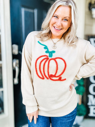 Pumpkin Spice Metallic Yarn Embroidered Oversized Sweater