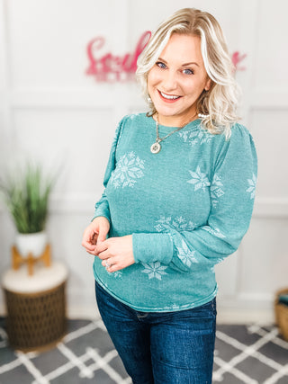 Holiday Ready Green Snowflake Brushed Hacci Sweater Top