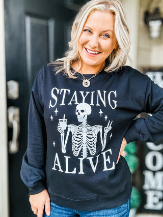 Staying Alive Skull Graphic Long Sleeve Sweatshirt