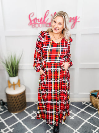 Adorable In Red Plaid Ruffle Detail Fit & Flare Midi Dress