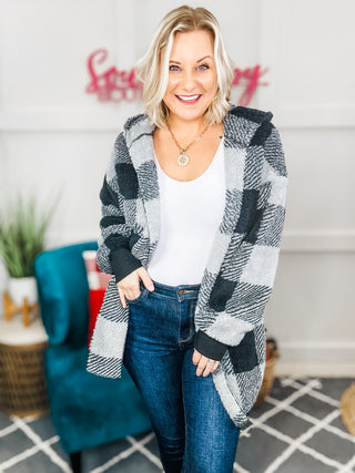 Let's Stay Home Plaid Hooded Blanket Cardigan