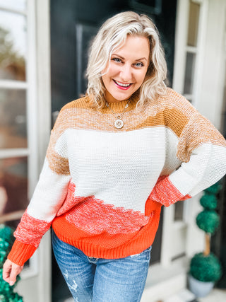 Adorable You Camel & Orange Color Block Sweater