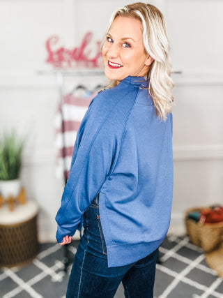 It's The Little Things Relaxed Scuba Pullover in Blue Indigo