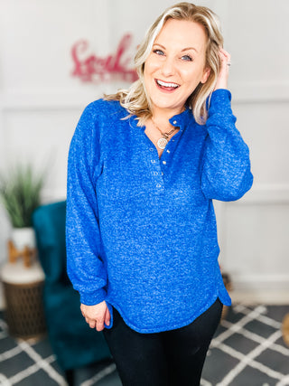 Keeping it Real Brushed Melange Hacci Long Sleeve Tee in Bright Blue