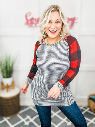 Adorable Red & Grey Striped Plaid Longline Raglan Top