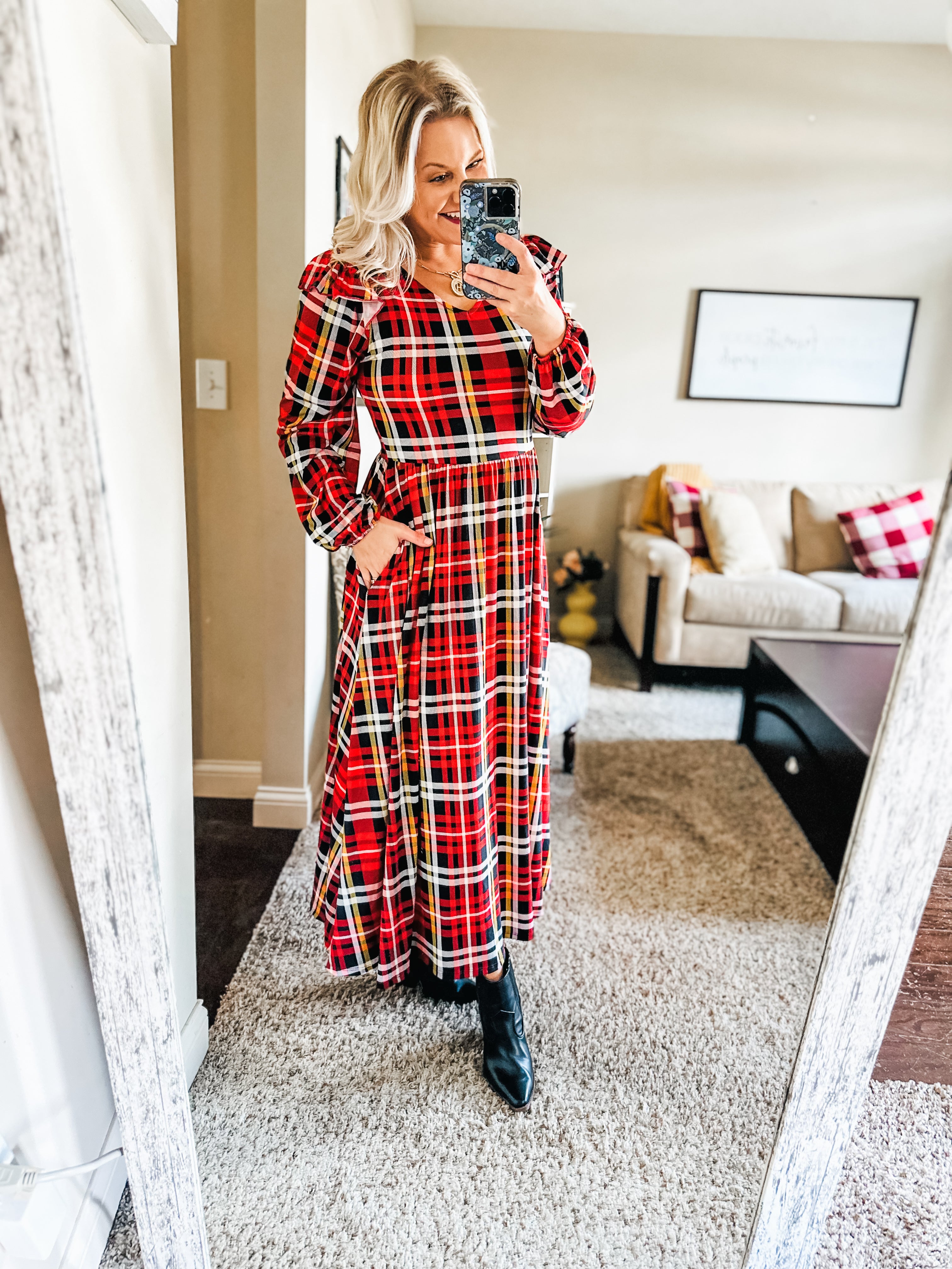 Adorable In Red Plaid Ruffle Detail Fit & Flare Midi Dress II Small Adorable In Red Plaid Ruffle Detail Fit & Flare Midi Dress II Small