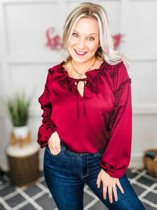 Holiday Vibes Burgundy Frill Detail Tie Neck Satin Top