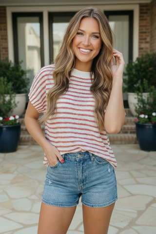 Breezy Stripe Knit Top in Ivory and Red