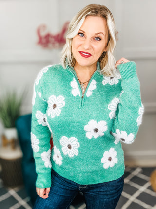 Flower Half Zip Long Sleeve Sweater