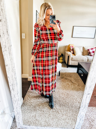 Adorable In Red Plaid Ruffle Detail Fit & Flare Midi Dress