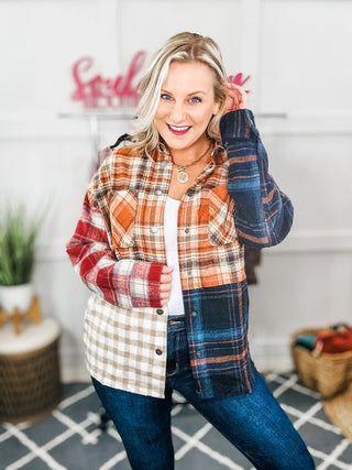 Catch Glances Muticolor Plaid Color Block Snap Button Shacket