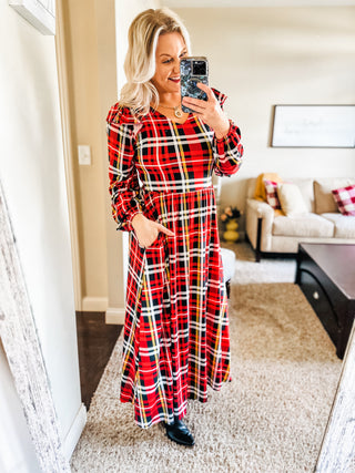 Adorable In Red Plaid Ruffle Detail Fit & Flare Midi Dress