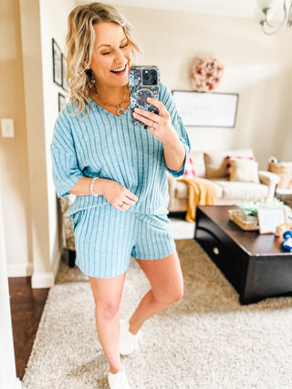 Mellow Days Cozy Ribbed Hacci Knit Shorts and Short Sleeve Lounge Set