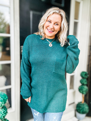 Classy Chic Hunter Green Mock Neck Chest Pocket Knit Sweater