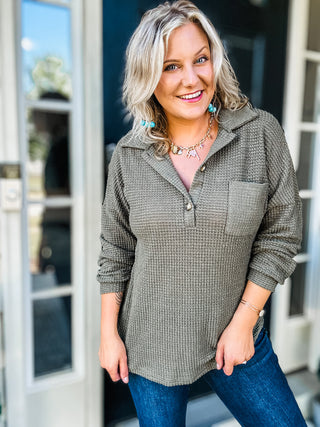 Eyes on You Waffle-Knit Long Sleeve Cozy Henley Top