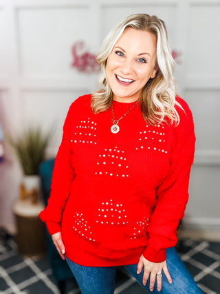 More The Merrier Red Pearl Christmas Tree Jacquard Sweater