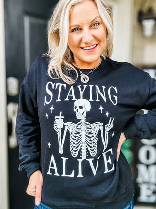 Staying Alive Skull Graphic Long Sleeve Sweatshirt