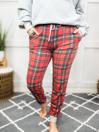 Holiday Vibes Red & Gray Plaid Drawstring Jogger Sweatpants