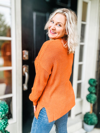 Pumpkin Spice Mock Neck Chest Pocket Knit Sweater