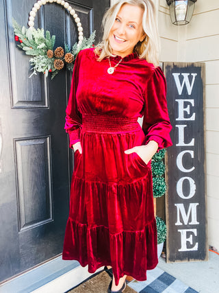 Holiday Dreaming Burgundy Velvet Mock Neck Smocked Waist Dress