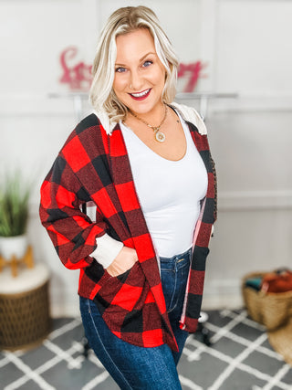 Stepping Out Red Buffalo Plaid Ribbed Hooded Sweater