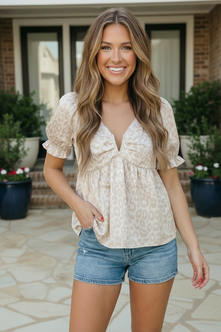 Satin Animal Print Puff Sleeve Babydoll Top