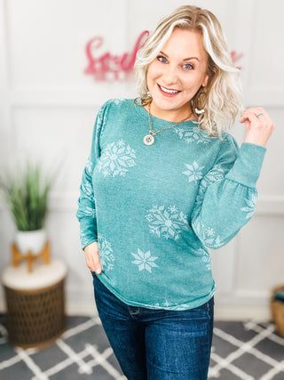 Holiday Ready Green Snowflake Brushed Hacci Sweater Top