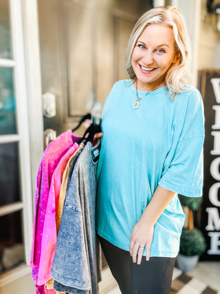 Don't Mind Me Mineral Wash Drop Shoulder Tee in Turquoise