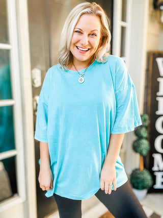 Don't Mind Me Mineral Wash Drop Shoulder Tee in Turquoise