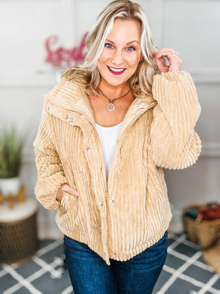 Casual Chic Latte Corduroy Ribbed High Neck Puffer Jacket