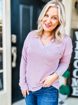 Everyday Macy Corded Ribbed V-Neck Long Sleeve Top