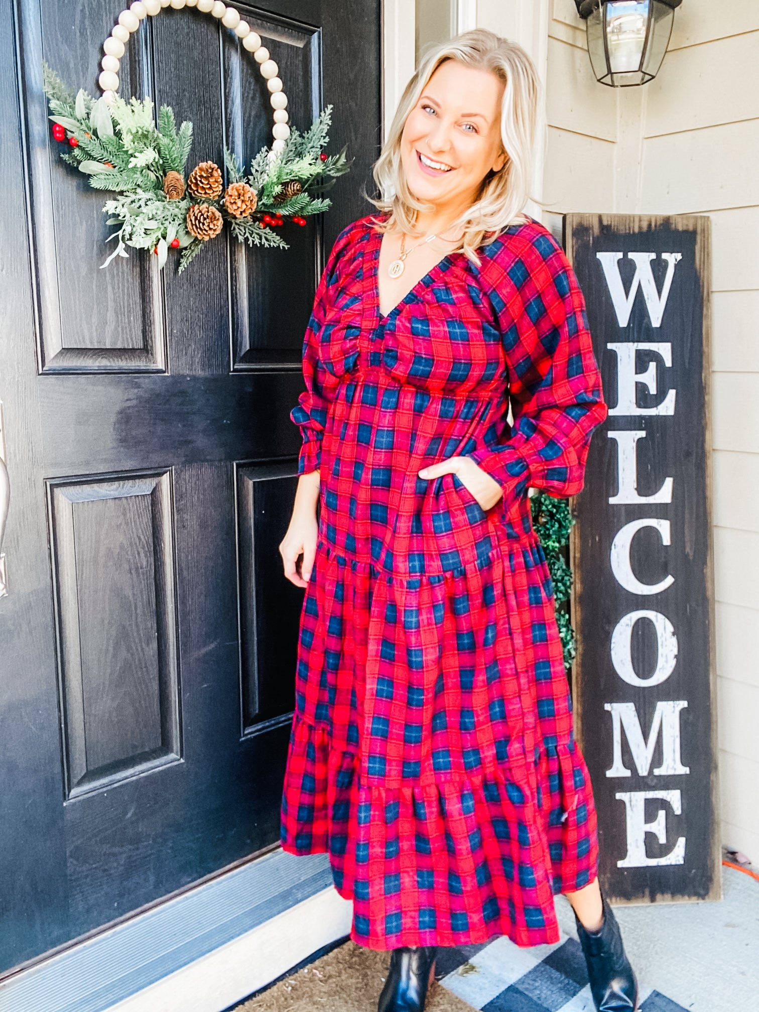 All I Want Red Plaid Elastic V Neck Tiered Maxi Dress II Small All I Want Red Plaid Elastic V Neck Tiered Maxi Dress II Small