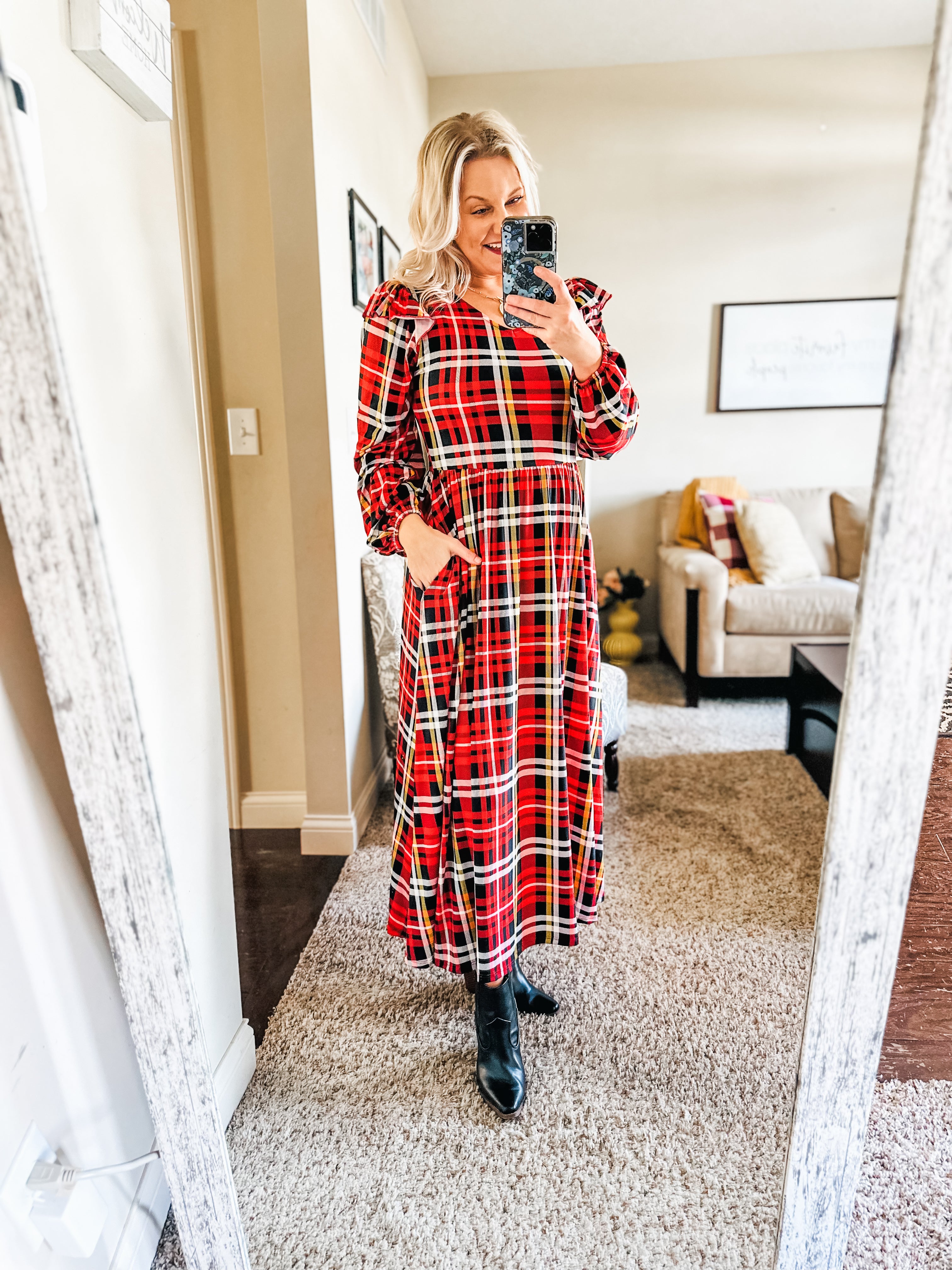 Adorable In Red Plaid Ruffle Detail Fit & Flare Midi Dress II Small Adorable In Red Plaid Ruffle Detail Fit & Flare Midi Dress II Small
