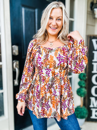 Fall in Love Taupe & Rust Floral Print Babydoll Bubble Sleeve Top