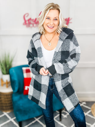 Let's Stay Home Plaid Hooded Blanket Cardigan