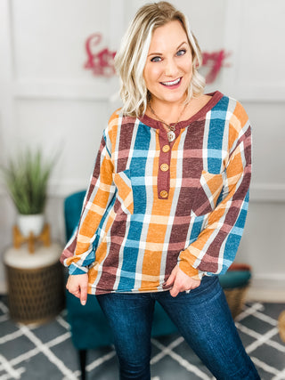 Adorable In Plaid French Terry Henley Pocket Top