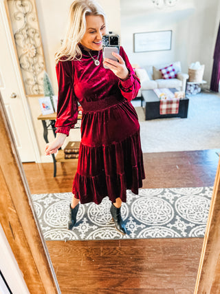 Holiday Dreaming Burgundy Velvet Mock Neck Smocked Waist Dress