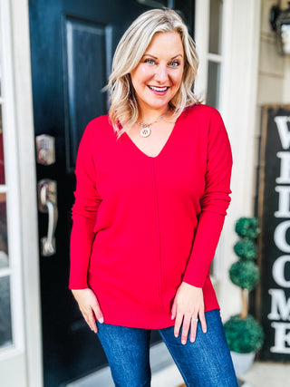 V-Neck Front Seam Sweater in Heather Red