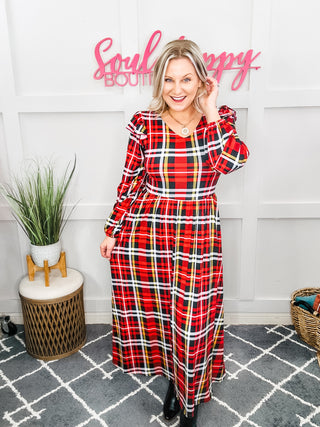 Adorable In Red Plaid Ruffle Detail Fit & Flare Midi Dress