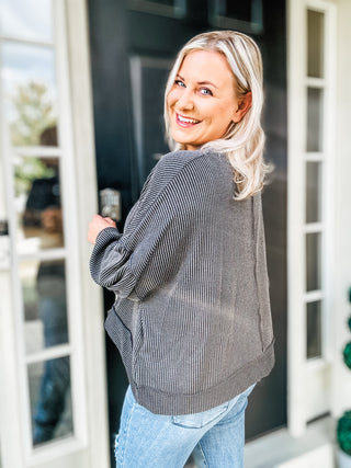 Weekend Ready Charcoal Mineral Wash Rib Pullover Top