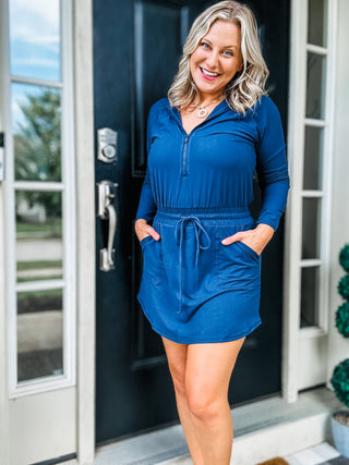 Getting Out Long Sleeve Hoodie Romper in Navy