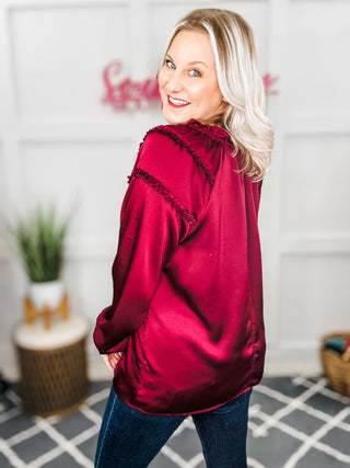 Holiday Vibes Burgundy Frill Detail Tie Neck Satin Top