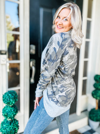 Be Bold Heather Grey Camo Print French Terry Cardigan