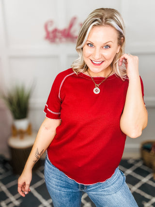 Heartbreaker Waffle Knit Tee in Cranberry